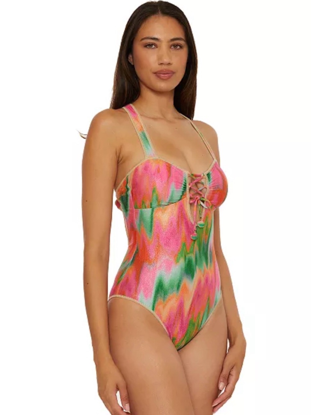 BECCA Pink, Green & Orange Lace-Up One-Piece Swimsuit
